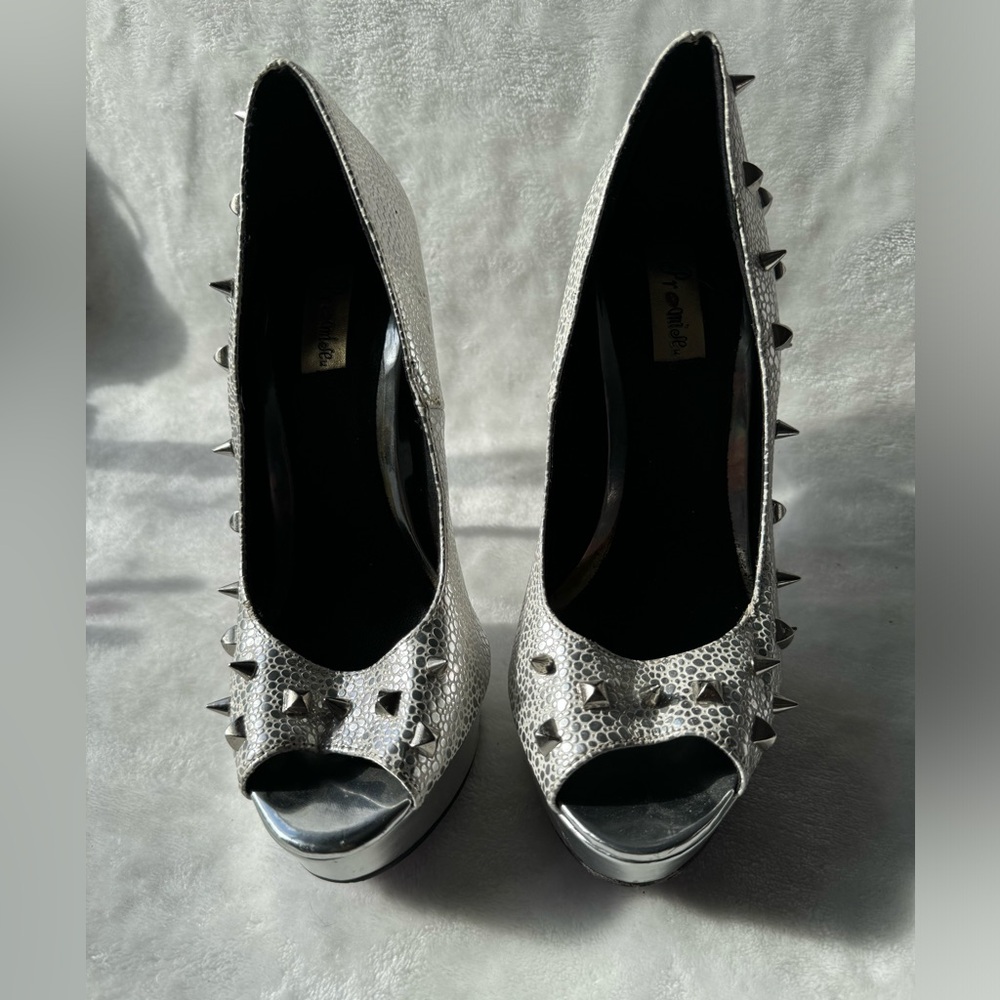 Silver Peep-Toe High Heels with Stud Detail